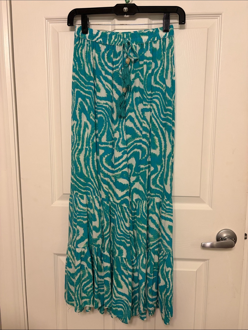 Turquoise and White Printed Tiered Maxi Skirt
